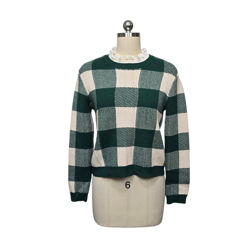 Anthropologie Green Cream Buffalo Check Ruffle Trim Sweater Women XS Long Sleeve